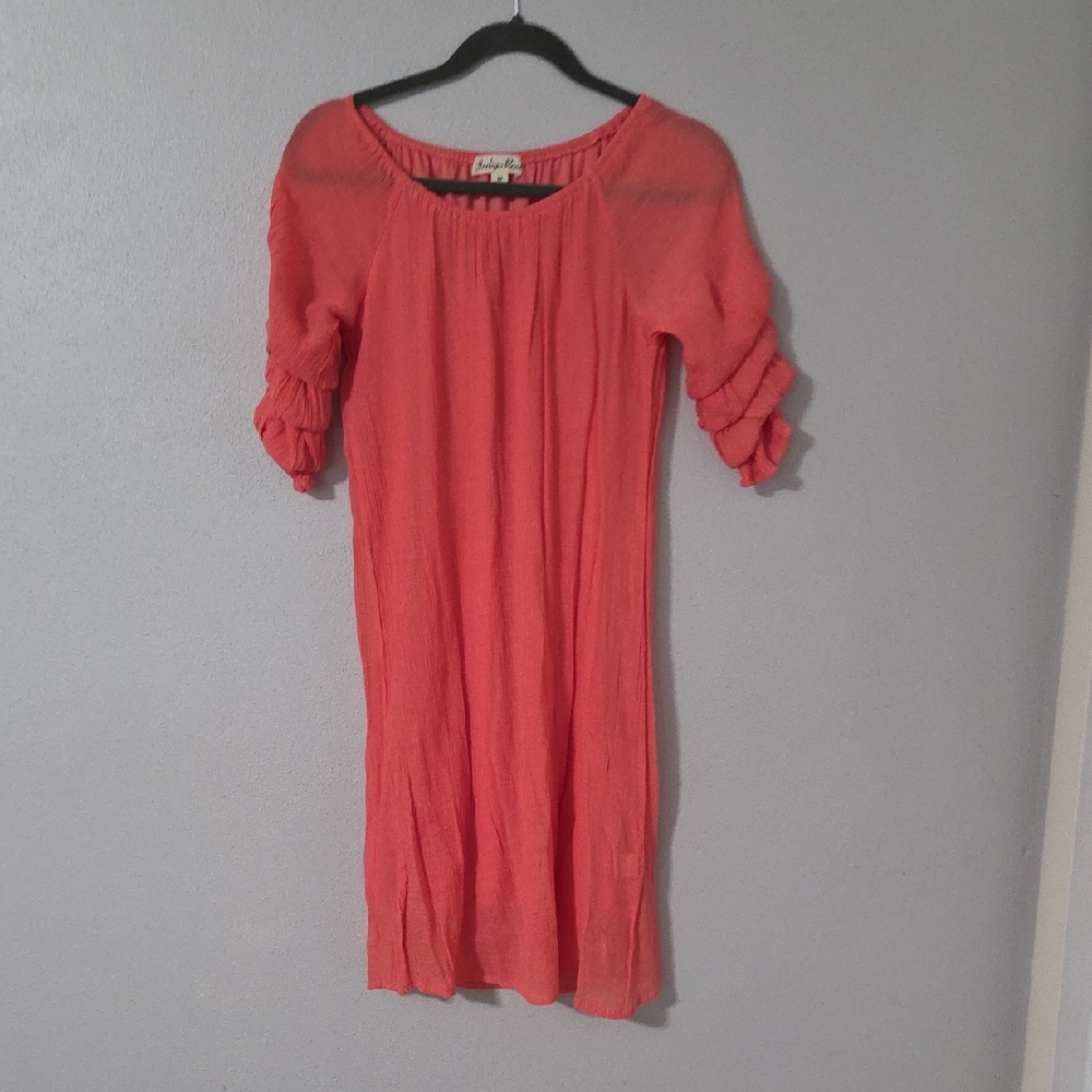 Chic Coral Midi Dress with Ruffle Detail